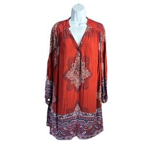 Free People Mini Tunic Dress Size Medium Rust Red Oversized Peasant Blouse